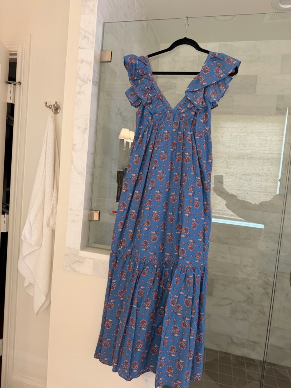 Mango Blue Floral Ruffle Maxi Dress NWOT